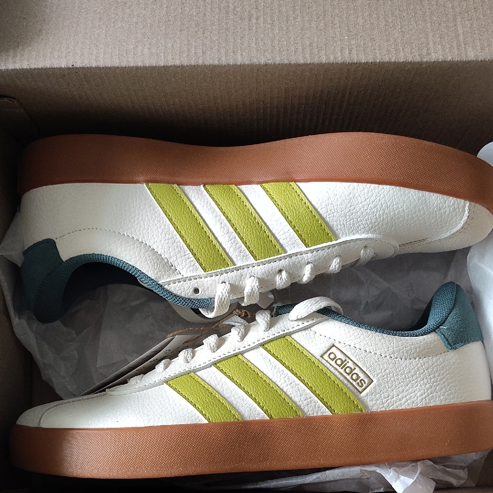 adidas Men’s White Sneakers with Lime Stripes and Gum Outsole
